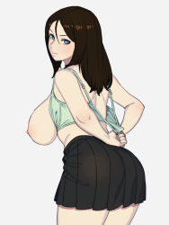 Rule 34 | 1girl, absurdres, ass, black skirt, blue eyes, blush, bra, bra pull, breasts, brown hair, closed mouth, clothes pull, from behind, girls und panzer, green bra, grey background, hair between eyes, highres, large breasts, long hair, looking at viewer, looking back, nipples, nonna (girls und panzer), one breast out, onsen tamago (hs egg), pleated skirt, simple background, skirt, solo, underwear