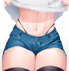 Rule 34 | 1girl, black panties, black thighhighs, clothes lift, commentary, cutoffs, denim, denim shorts, eutoria, highleg, highleg panties, highres, lifting own clothes, lower body, navel, original, panties, shirt lift, short shorts, shorts, simple background, skindentation, solo, standing, stomach, thighhighs, thighs, underwear, white background, white hair