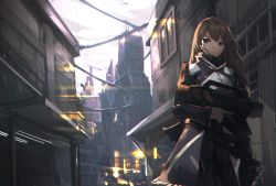 Rule 34 | 1girl, blue eyes, brown hair, building, closed mouth, coat, commentary request, fixro2n, gun, highres, holding, holding gun, holding weapon, long hair, long sleeves, looking to the side, military, military uniform, original, outdoors, solo, standing, uniform, weapon