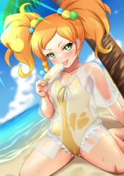 Rule 34 | 1girl, aikatsu! (series), aikatsu stars!, bare legs, blonde hair, blue sky, braid, brown hair, casual one-piece swimsuit, cloud, collarbone, dutch angle, food, gradient hair, green eyes, hair ornament, holding, holding food, long hair, looking at viewer, multicolored hair, nikaido yuzu, ocean, one-piece swimsuit, open clothes, open shirt, palm tree, popsicle, ribbon, rinkapix, see-through, see-through shirt, shirt, single braid, sitting, sky, solo, spread legs, summer, sunlight, swimsuit, tongue, tongue out, tree, twintails, white shirt, yellow one-piece swimsuit, yellow ribbon