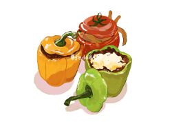 Rule 34 | bell pepper, cat, cheese, food, food focus, green pepper, hakuchizu, in food, no humans, original, pepper, red pepper, simple background, twitter username, undersized animal, vegetable, white background, yellow pepper