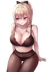 Rule 34 | 1girl, absurdres, arm support, blonde hair, blush, bra, breasts, cheonju, cleavage, collarbone, double-parted bangs, highres, large breasts, lingerie, looking to the side, navel, original, pantyhose, ponytail, sidelocks, simple background, solo, stomach, tears, underwear, white background