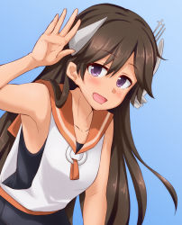 Rule 34 | 1girl, :d, anti (untea9), arm up, armpits, bare shoulders, black one-piece swimsuit, blue background, blush, brown hair, collarbone, hair between eyes, headgear, i-400 (kancolle), kantai collection, leaning forward, long hair, looking at viewer, multicolored hair, one-piece swimsuit, open mouth, orange sailor collar, palms, purple eyes, sailor collar, shirt, simple background, sleeveless, smile, solo, streaked hair, swimsuit, swimsuit under clothes, tareme, upper body, white shirt