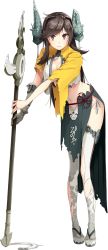 Rule 34 | 1girl, breasts, brown hair, cleavage, fake horns, full body, ginnan (oshiro project), himesuzu, holding, holding polearm, holding spear, holding weapon, horns, large breasts, looking at viewer, midriff, navel, official art, oshiro project:re, oshiro project:re, polearm, red eyes, solo, spear, swept bangs, thighhighs, torn clothes, torn thighhighs, transparent background, weapon