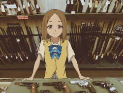 Rule 34 | 1girl, artist name, asagumo chihaya, blue bow, blue bowtie, bow, bowtie, brown hair, commentary, counter, english commentary, english text, evve (fok illust), forehead, gun, handgun, highres, long hair, looking at viewer, make heroine ga oo sugiru!, parted bangs, photo-referenced, photo background, revolver, rifle, school uniform, shiny forehead, shirt, shop, short sleeves, smile, solo, sweater vest, twitter username, upper body, weapon, white shirt, yellow sweater vest