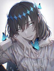 Rule 34 | 1boy, absurdres, bags under eyes, bambi-25, blue butterfly, bug, butterfly, buttons, chromatic aberration, diamond hairband, dress shirt, eyelashes, fate/grand order, fate (series), fingernails, frilled shirt collar, frills, glowing, glowing eyes, grey hair, head on hand, highres, insect, long sleeves, looking at viewer, male focus, oberon (fate), oberon (third ascension) (fate), parted lips, shirt, short hair, solo