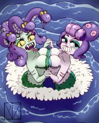Rule 34 | 2girls, :d, absurdres, breast press, breasts, cala maria (cuphead), cleavage, cuphead (game), from above, giant, giantess, holding hands, hand on another&#039;s hip, highres, looking at viewer, makeup, mascara, mermaid, monster girl, multiple girls, navel, ocean, open mouth, partially submerged, shell, shell bikini, smile, stomach, symmetrical docking, trash vic, water