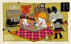 Rule 34 | 3girls, alternate costume, animal ears, blonde hair, brown hair, clothes writing, commentary request, dated, food, fruit, grey hair, looking at another, mandarin orange, mouse (animal), mouse ears, mouse tail, multicolored hair, multiple girls, nazrin, one eye closed, orange eyes, orange hair, round eyewear, smile, streaked hair, tail, toramaru shou, touhou, translation request, yorigami jo&#039;on, yt (wai-tei)