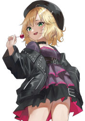Rule 34 | 1girl, :d, absurdres, beret, black collar, black hat, black jacket, black skirt, blonde hair, blush, breasts, candy, collar, collarbone, eyebrows hidden by hair, fang, food, green eyes, grey shirt, hand in pocket, haruyuki (gffewuoutgblubh), hat, highres, holding, holding candy, holding food, holding lollipop, idolmaster, idolmaster cinderella girls, jacket, lollipop, long sleeves, looking at viewer, off shoulder, open clothes, open jacket, open mouth, pleated skirt, sakurai momoka, shirt, simple background, skirt, small breasts, smile, solo, white background