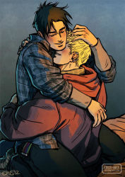 Rule 34 | 2boys, artist name, bed, black hair, black pants, black shirt, blonde hair, blush, couple, cris art, deviantart username, earrings, closed eyes, hand on another&#039;s head, hands on another&#039;s back, hood, hood down, hoodie, hug, hulkling, jewelry, male focus, marvel, multiple boys, on bed, on person, pants, red hoodie, shirt, short hair, sideburns, sitting, sitting on person, smile, wiccan, yaoi