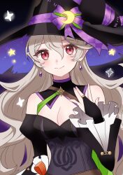 Rule 34 | 1girl, bare shoulders, breasts, cleavage, closed mouth, corrin (female) (fire emblem), corrin (female) (halloween) (fire emblem), corrin (fire emblem), fire emblem, fire emblem fates, fire emblem heroes, gmais2514, hair between eyes, halloween, halloween costume, hat, highres, long hair, looking at viewer, nintendo, official alternate costume, red eyes, solo, upper body, witch, witch hat