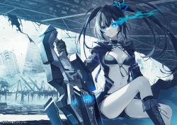 Rule 34 | 1girl, bikini, bikini top only, black bikini, black choker, black gloves, black hair, black rock shooter, black rock shooter (character), black rock shooter fragment, blue footwear, boots, breasts, choker, closed mouth, flaming eye, gloves, highres, holding, holding weapon, knee boots, long hair, navel, official art, oshioshio, shorts, sitting, small breasts, swimsuit, twintails, weapon