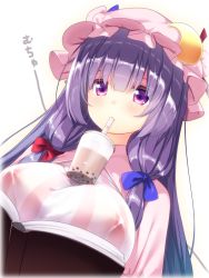Rule 34 | 1girl, blue bow, blunt bangs, book, bow, breasts, bubble tea, bubble tea challenge, capelet, covered erect nipples, crescent, crescent pin, cup, dress, drinking, drinking straw, hair bow, hat, large breasts, long hair, looking at viewer, mob cap, mukyuu, patchouli knowledge, pink dress, pink hat, purple eyes, purple hair, red bow, solo, striped clothes, striped dress, touhou, upper body, usume shirou, white background
