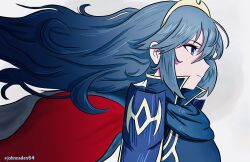 Rule 34 | 1girl, blue cape, blue eyes, cape, fire emblem, fire emblem awakening, floating cape, floating hair, from side, highres, johncaden, long hair, lucina (fire emblem), nintendo, red cape, solo, tiara, watermark, white background