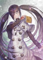 Rule 34 | 1girl, akuta hinako, black-framed eyewear, book, brown hair, capelet, command spell, commentary request, yu mei-ren (fate), fate/grand order, fate (series), frown, glasses, hair between eyes, holding, holding book, long hair, looking at viewer, solo, sweater, take tw01, turtleneck, twintails, very long hair