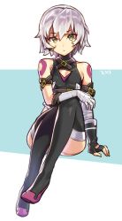 Rule 34 | 1girl, 2017, :/, arm belt, arm support, ass, bandaged arm, bandaged hand, bandages, bare shoulders, belt, belt buckle, black gloves, black thighhighs, boots, buckle, cleavage cutout, closed mouth, clothing cutout, expressionless, fate/apocrypha, fate/grand order, fate (series), fingerless gloves, full body, gloves, hair between eyes, jack the ripper (fate/apocrypha), looking at viewer, scar, scar across eye, scar on face, short hair, silver hair, single fingerless glove, sitting, solo, stitches, tattoo, thigh boots, thighhighs, yellow eyes, yurizuka (sergeant heart)