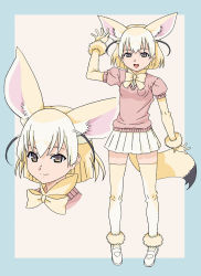 Rule 34 | 10s, 1girl, :d, amano yo-ki, animal ears, anime coloring, black hair, blonde hair, border, bow, breast pocket, breasts, brown eyes, closed mouth, fennec (kemono friends), fox ears, kemono friends, looking at viewer, mary janes, medium breasts, multicolored hair, multiple views, open mouth, pink sweater, pleated skirt, pocket, shoes, short hair, skirt, smile, standing, sweater, thighhighs, white background, white footwear, white hair, white skirt, yellow bow, yellow thighhighs