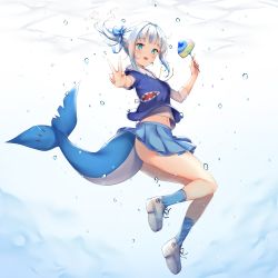 Rule 34 | 1girl, absurdres, blue background, blue eyes, blue hair, blue skirt, cake, commentary, english commentary, fins, fish tail, food, fork, full body, gawr gura, gradient background, highres, holding, holding food, holding fork, hololive, hololive english, ijac ray, looking at viewer, midriff, multicolored hair, navel, shark tail, shoes, skirt, socks, solo, tail, two-tone hair, virtual youtuber, white footwear, white hair