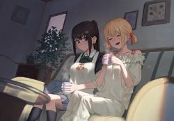 Rule 34 | 2girls, apron, black hair, blonde hair, camisole, couch, cup, closed eyes, glass table, gomashiwo o, highres, holding, holding cup, indoors, inoue takina, light blush, long hair, looking at another, lycoris recoil, lycoris uniform, mug, multiple girls, nishikigi chisato, open mouth, picture frame, ponytail, purple eyes, shadow, short hair, sitting, skirt, smile, socks, steam, sunlight, table, twintails