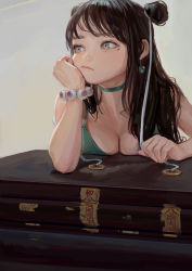 Rule 34 | 1girl, artist name, bracelet, breasts, brown hair, choker, cleavage, closed mouth, dress, earrings, face, fkey, green dress, green eyes, hair ribbon, head rest, highres, jewelry, long hair, looking away, looking to the side, medium breasts, mole, mole under eye, multiple girls, original, ribbon, solo