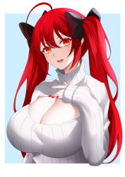 Rule 34 | 1girl, azur lane, black ribbon, blue background, breasts, cleavage, cleavage cutout, clothing cutout, hair ribbon, highres, honolulu (azur lane), huge breasts, long hair, looking at viewer, meme attire, nail polish, open-chest sweater, plump, red hair, red nails, ribbed sweater, ribbon, solo, sweater, toki to shishin, turtleneck, turtleneck sweater, twintails, two-tone background, upper body, white background, white sweater