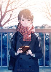 Rule 34 | 1girl, absurdres, bag, blush, breath, brown eyes, brown hair, coat, gift, highres, holding, holding gift, kanai (nai nai), looking at viewer, original, outdoors, parted lips, plaid, plaid scarf, railing, scarf, shoulder bag, solo, tree, upper body, valentine, winter clothes