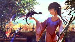 Rule 34 | 1girl, apartment, black hair, brown hair, building, cityscape, cloud, cloudy sky, collarbone, day, dragon, dress, light rays, long hair, long sleeves, mini dragon, noske, open mouth, original, plant, ponytail, sky, sunlight, town, tree, wide sleeves