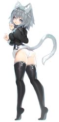 Rule 34 | 1girl, animal ear fluff, animal ears, ass, black dress, black thighhighs, blush, cat ears, cat tail, chromatic aberration, dress, fang, full body, grey eyes, grey hair, hands up, highres, looking at viewer, looking back, mamuru, microdress, no shoes, open mouth, original, panties, shiny clothes, short eyebrows, simple background, solo, tail, tears, thighhighs, underwear, white background, white panties
