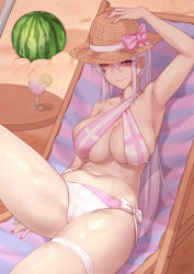 Rule 34 | 1girl, armpits, beach, beach chair, bikini, bow, breasts, cameltoe, character request, cocktail, cocktail glass, criss-cross halter, cross, cup, drinking glass, facial mark, food, fruit, halterneck, halterneck, hand on headwear, hat, hat bow, heterochromia, highres, large breasts, lemon, lemon slice, long hair, looking at viewer, lying, mole, mole on breast, mole under mouth, nail polish, navel, original, pink bikini, pink bow, pink eyes, pink nails, sand, side-tie bikini bottom, skindentation, solo, straw hat, sun hat, sweat, swimsuit, thigh strap, thighs, tiankong pie ai, two-tone bikini, very long hair, watermelon, white bikini, white hair, yellow eyes