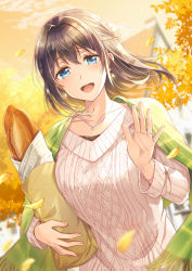 Rule 34 | 1girl, :d, bag, blue eyes, blurry, blurry background, braid, bread, breasts, brown hair, building, commentary request, depth of field, falling leaves, floating hair, food, fringe trim, ginkgo leaf, hair between eyes, hand up, highres, holding, holding bag, jewelry, leaf, long hair, long sleeves, looking at viewer, medium breasts, mono lith, open mouth, original, outdoors, paper bag, plaid, ring, shawl, smile, solo, sunset, upper body, wedding band