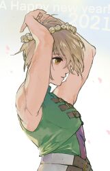 Rule 34 | 1boy, 2021, arms up, blonde hair, brown eyes, flower wreath, gensou suikoden, gensou suikoden v, happy new year, head wreath, highres, male focus, natsuo (hatohaco), new year, richard (suikoden), simple background, solo
