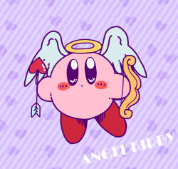 Rule 34 | arrow (projectile), black eyes, blush, blush stickers, bow (weapon), character name, closed mouth, cupid kirby, english text, flat color, full body, halo, heart, heart arrow, heart background, highres, holding, holding arrow, holding bow (weapon), holding weapon, kirby, kirby (series), miwa (ahyuck), nintendo, no humans, purple background, solid oval eyes, solo, striped, striped background, weapon, white wings, wings