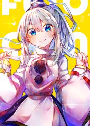 Rule 34 | 1girl, absurdres, black skirt, blue eyes, blue hat, character name, closed mouth, hat, hat ribbon, highres, itsumizu, japanese clothes, kariginu, long sleeves, looking at viewer, mononobe no futo, pom pom (clothes), ponytail, red ribbon, ribbon, ribbon-trimmed sleeves, ribbon trim, silver hair, skirt, smile, solo, standing, tate eboshi, touhou, white ribbon, wide sleeves, yellow background, yellow ribbon