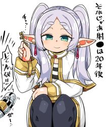 Rule 34 | 1girl, blush, capelet, chastity cage, closed mouth, commentary request, earrings, elf, frieren, green eyes, grey hair, holding, holding key, jewelry, kanikama, key, long hair, penis, pointy ears, shirt, simple background, smile, solo focus, sousou no frieren, squatting, striped clothes, striped shirt, translation request, twintails, white background, white capelet