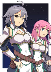 Rule 34 | 2girls, absurdres, ahoge, armor, belt, blue eyes, braid, breasts, brown eyes, cleavage, commentary request, detached sleeves, ennui orz, french braid, frown, grey hair, highres, holding, holding shield, medium breasts, medium hair, multiple girls, open mouth, original, pink hair, pouch, shield, shoulder armor, smile, vambraces