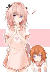 Rule 34 | 1boy, 1girl, :&gt;, apron, astolfo (fate), astolfo (sailor paladin) (fate), black bow, blush, bow, closed mouth, double v, fate/grand order, fate (series), father and daughter, fujimaru ritsuka (female), hair between eyes, hair bow, hair intakes, hands up, heart, heart-shaped pupils, heart print, highres, if they mated, looking at viewer, musical note, official alternate costume, orange hair, own hands together, pink hair, pink skirt, pleated skirt, purple eyes, quaver, saku (kudrove), school uniform, serafuku, short sleeves, sidelocks, skirt, smile, symbol-shaped pupils, trap, tsurime, v