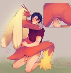 Rule 34 | 1boy, 1girl, arms around neck, artist name, ass, barefoot, black hair, black shirt, blaziken, blonde hair, blue eyes, blush, bottomless, claws, clitoral hood, clitoris, close-up, clothed male nude female, colored sclera, commission, creatures (company), cum, cum in pussy, ejaculation, erection, eye contact, furry, game freak, gen 3 pokemon, girl on top, grass, half-closed eyes, happy sex, heart, hetero, highres, hug, interspecies, kneeling, long hair, looking at another, male pubic hair, multiple views, nintendo, nose blush, nude, ondine, open mouth, orgasm, original, outdoors, penis, pokemon, pokemon (creature), pokephilia, pubic hair, pussy, sex, shirt, short hair, short sleeves, smile, sweat, tail, teeth, twitter username, vaginal, watermark, yellow sclera