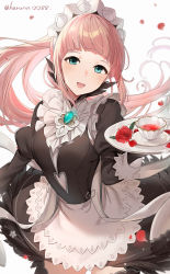 Rule 34 | 1girl, apron, aqua eyes, black dress, blunt bangs, blush, breasts, brooch, center frills, cup, dress, feather trim, felicia (fire emblem), fire emblem, fire emblem awakening, floating hair, flower, frills, haru (nakajou-28), highres, holding, holding plate, jewelry, juliet sleeves, long hair, long sleeves, looking at viewer, maid, maid headdress, medium breasts, nintendo, open mouth, petals, pink hair, plate, ponytail, puffy sleeves, red flower, red rose, rose, smile, solo, straight hair, teacup, twitter username, waist apron, white apron, white background