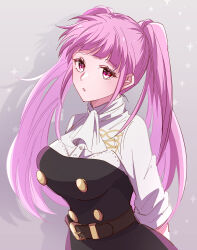Rule 34 | 1girl, :o, arms behind back, ascot, belt, belt buckle, blush, breasts, brown belt, buckle, buttons, commentary request, fire emblem, fire emblem: three houses, garreg mach monastery uniform, grey background, highres, hilda valentine goneril, long hair, looking at viewer, medium breasts, nintendo, pink eyes, pink hair, shadow, simple background, sleeves rolled up, solo, twitter username, uniform, very long hair, white ascot, yutohiroya