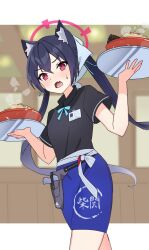 Rule 34 | 1girl, animal ear fluff, animal ears, black shirt, blue archive, blue hair, blue skirt, blurry, blurry background, bowl, breasts, cat ears, cat girl, cowboy shot, dark blue hair, fang, food, gun, halo, hidaka ui, highres, holding, holding tray, holster, holstered, id card, indoors, letterboxed, long hair, looking at viewer, miniskirt, neck ribbon, open mouth, outside border, red eyes, ribbon, serika (blue archive), shirt, short sleeves, skin fang, skirt, small breasts, solo, standing, steam, sweat, thigh holster, tray, twintails, waitress, weapon