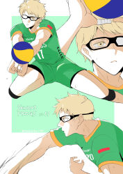 Rule 34 | 1boy, ball, blonde hair, brown eyes, glasses, green shirt, green shorts, haikyuu!!, highres, knee pads, looking at viewer, male focus, parted lips, shirt, short sleeves, shorts, solo, sportswear, tomopiko 1224, tsukishima kei, upper body, volleyball, volleyball (object), volleyball uniform