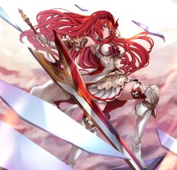 Rule 34 | 1girl, armor, bad id, bad pixiv id, bare shoulders, blue eyes, boots, breasts, closed mouth, commentary request, gauntlets, godsworn alexiel, granblue fantasy, hair between eyes, hair ornament, highres, holding, holding sword, holding weapon, long hair, looking at viewer, red hair, skirt, solo, soraneko hino, standing, sword, thighhighs, very long hair, weapon