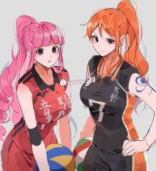 Rule 34 | 2girls, alternate costume, alternate hairstyle, arm tattoo, ball, black eyes, black shirt, black shorts, blunt bangs, breasts, closed mouth, commentary, cowboy shot, crossover, drill hair, earrings, eyelashes, grey background, haikyuu!!, hand on own hip, holding, holding ball, jewelry, joman, large breasts, lips, lipstick, long hair, looking at viewer, makeup, multiple girls, nami (one piece), one piece, orange eyes, orange hair, orange shirt, parted bangs, parted lips, perona, pink hair, ponytail, red shirt, red shorts, shirt, shorts, simple background, sleeveless, sleeveless shirt, smile, sportswear, symbol-only commentary, tattoo, taut clothes, taut shirt, twitter username, two-tone shirt, v-shaped eyebrows, volleyball, volleyball (object), volleyball uniform, wavy hair, wing collar
