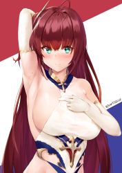 Rule 34 | 1girl, ahoge, anti (0324), armpits, arms behind head, azur lane, bare shoulders, blush, breasts, closed mouth, collarbone, commentary request, elbow gloves, eyes visible through hair, gloves, hair between eyes, hair ornament, highres, large breasts, leotard, lips, long hair, looking at viewer, multicolored background, one side up, red hair, sideboob, sleeveless, solo, standing, surcouf (azur lane), upper body, very long hair, white gloves, white leotard