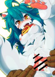 Rule 34 | 1girl, aftersex, ahoge, bad id, bad pixiv id, blue hair, blush, borrowed character, breasts, censored, clitoris, collar, colored skin, coso-ri, cum, cum in pussy, cum on body, cum on lower body, cumdrip, furry, furry female, furry with non-furry, fuurin rei, interspecies, inverted nipples, long hair, navel, nipples, original, pov, pussy, small breasts, soles, solo focus, spread pussy, tears, white skin, yellow eyes
