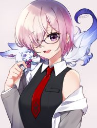 Rule 34 | 1girl, :d, absurdres, bare shoulders, black-framed eyewear, black shirt, breasts, chyoling, collared shirt, creature, creature on shoulder, fate/grand order, fate (series), fou (fate), glasses, grey background, grey jacket, hair over one eye, hand up, highres, jacket, long sleeves, looking at viewer, mash kyrielight, medium breasts, necktie, off shoulder, on shoulder, open clothes, open jacket, open mouth, pink hair, purple eyes, red neckwear, shirt, short hair, sidelocks, simple background, sleeveless, sleeveless shirt, smile, twitter username, upper body