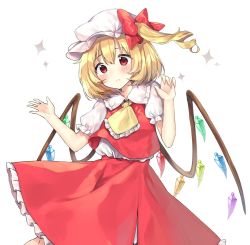 Rule 34 | 1girl, ascot, bad id, bad twitter id, blonde hair, blush, bow, cheunes, closed mouth, cowboy shot, flandre scarlet, hat, highres, mob cap, red bow, red eyes, red skirt, short sleeves, side ponytail, simple background, skirt, skirt set, solo, sparkle, touhou, white background, white hat