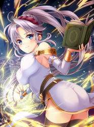 Rule 34 | 1girl, ass, bare shoulders, belt, blue eyes, book, breasts, brown legwear, casting spell, detached sleeves, electricity, fire emblem, fire emblem: genealogy of the holy war, highres, holding, holding book, if oki, lightning, long hair, looking back, magic circle, medium breasts, nintendo, panties, pantyshot, pelvic curtain, ponytail, side slit, sideboob, silver hair, smile, solo, standing, tailtiu (fire emblem), twisted torso, underwear