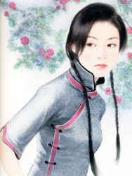 Rule 34 | black hair, braid, chen shu fen, china dress, chinese clothes, dress, highres, long hair, realistic, solo, twin braids