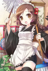 Rule 34 | 1girl, apron, braid, breasts, broom, brown eyes, brown hair, flower, frills, japanese clothes, jin young-in, long hair, lowres, maid, maid apron, maid headdress, open mouth, solo, sword girls, thighhighs, wa maid